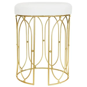 Arca Glazed Gold Wire Vanity Stool/Padded White Faux Leather Seat Outlet