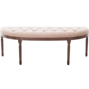 Lourdes Ivory Linen Tufted Curved Bench W/Distressed Wood Legs Opening Sales