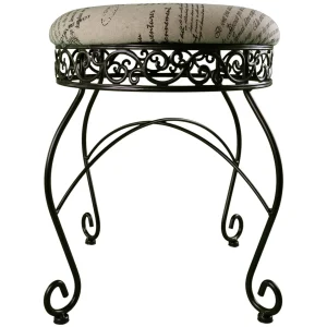 Round Metal Scroll Vanity Stool With French Script Cushion Flash Sale